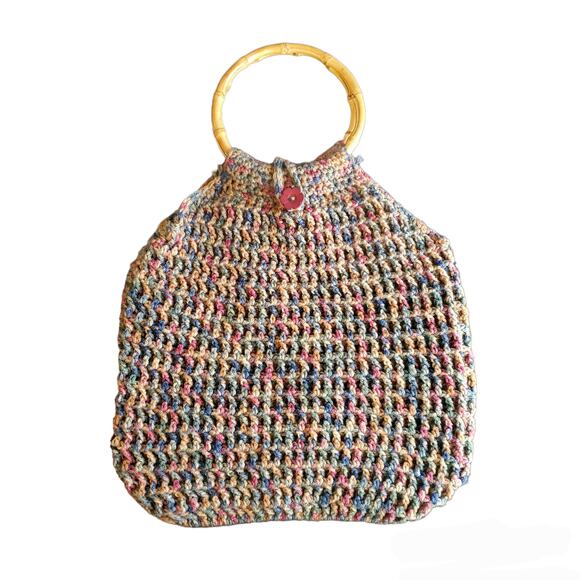 Vintage Crochet Boho Tote Bag with Bamboo Handles Handmade Knit Retro Purse - Picture 1 of 9